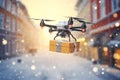 Dron carrying gift box over big city in winter