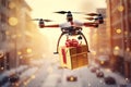 Dron carrying gift box over big city in winter