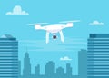 Drone with action Camera. Air Video and Photography. Flying quadrocopter with camera over the city. Vector illustration for banner