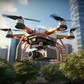 Drone in action 3D rendering with a package flying over city