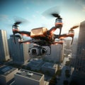 Drone in action 3D rendering with a package flying over city