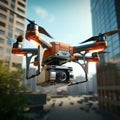 Drone in action 3D rendering with a package flying over city