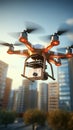 Drone in action 3D rendering with a package flying over city