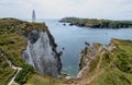 Drone aerial of Baltimore Beacon, a white tower at the entrance of the harbour. Baltimore Ireland landmark. Royalty Free Stock Photo