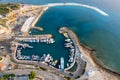 Drone aerial fishing boats moored in the harbour. pernera Protaras Cyprus. Royalty Free Stock Photo