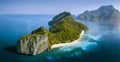 Drone Aerial Panorama image of Helicopter Island in the Bacuit Bay in El Nido, Palawan, Philippines lit by morning Royalty Free Stock Photo