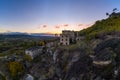 Drone aerial panorama of Termas Radium Hotel Serra da Pena at sunset in Sortelha, Portugal