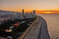 Drone aerial panoramic view of evening sinset at modern part of Batumi City, Georgia