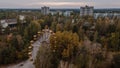 Drone aerial photo of the abandoned attraction park with feris wheel at Pripyat ghost town Royalty Free Stock Photo