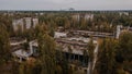 Drone aerial photo of the buildings at abandoned Pripyat ghost town