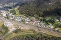 Drone aerial photograph of houses near a trainline in regional Australia
