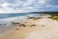 Drone aerial photograph of a white sandy beach on King Island