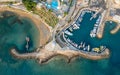 Drone aerial scenery fishing port at pernera Protaras Cyprus. Fishing boats moored in the harbour Royalty Free Stock Photo