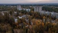 Drone aerial shot of the buildings at abandoned Pripyat ghost town