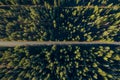 Drone, aerial shot of a lonely highway in the middle of the pine tree forest in California United States Royalty Free Stock Photo