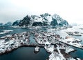 Drone aerial shots, photos in Henningsvaer, Lofoten Norway during cloudy weather Royalty Free Stock Photo