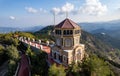 Drone aerial of throni of Panagia Kykkou temple landmark in Cyprus Europe.