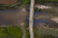 Drone aerial top above view of an ancient historic stone bridge in Idanha a velha, Portugal