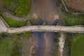 Drone aerial top above view of an ancient historic stone bridge in Idanha a velha, Portugal