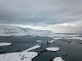 Drone aerial top view dramatic winter scene fo Lofoten Islands in Norway. Breathtaking evening seascape of Norwegian sea. Life ove Royalty Free Stock Photo