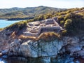 Drone aerial view of Ancient Stageira, city in Halkidiki, Greece