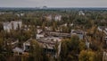 Drone aerial view of the buildings at abandoned Pripyat ghost town Royalty Free Stock Photo