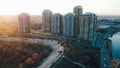 Drone aerial view of buildings in Vacaresti Natural Park, Bucharest, Romania