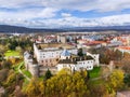 Drone aerial view from east of Zvolen castle during autumn with coloured trees