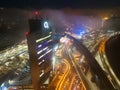 Drone aerial view of Europa Bussines and Shopping center in city of Banska Bystrica during winter evening