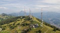 Drone aerial view of a group of towers for telecommunications, television broadcast, cellphone, radio and satellite