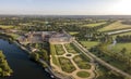 The drone aerial view of  Hampton court palace and garden along the Thames river. Royalty Free Stock Photo