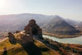 Drone aerial view of Jvari monastery and the mountains in Mtskheta, Georgia Royalty Free Stock Photo