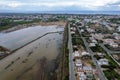 Drone aerial view of lake near a city. Paralimni pond Cyprus Royalty Free Stock Photo