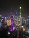 The drone aerial view of Lujiazui, Pudong, Shanghai at night time. Royalty Free Stock Photo