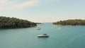 Drone aerial view of Mediterranean sea view with boats in a bay