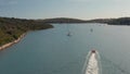 Drone aerial view of Mediterranean sea view with boats in a bay