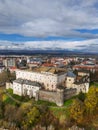 Drone aerial view from south-east of Zvolen castle during autumn with coloured trees