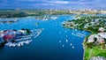 Drone Aerial view of Sydney Harbour Sydney CBD NSW Australia. cloudy dark skies, clear turquoise waters. Royalty Free Stock Photo