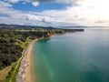 Drone arial view of a sandy beach on the Coromandel Peninsula