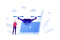 Drone aviation and unmanned flying camera concept. Vector flat person illustration. Robot photographer with man controller hold