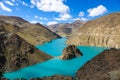 DRONE: Breathtaking view of turquoise Manak Dam Lake and the rocky mountains.