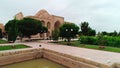 Drone cam takes off from the platform in front of the pool of memorial complex of Bahouddin Naqshband