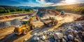 Drone Capture Bulldozer Loading Quarry Rocks HighAngle Perspective of Mining Operation and Heavy Equipment