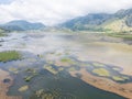 Drone-captured photograph at Lake Matese, Campania, Italy, featuring an aerial view of the lake, mountains Royalty Free Stock Photo