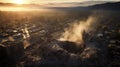 A drone captures the aerial devastation of a city, where only ruins remain of what was once a bustling metropolis