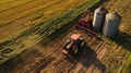 A drone captures an aerial view of a diverse farm landscape showcasing the various types of biofuelpowered farming