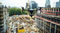 A drone captures an aerial view over a busy construction site. The blending of technology and urban development is Royalty Free Stock Photo