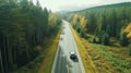 A drone captures a car driving along a highway nestled within a forest Royalty Free Stock Photo
