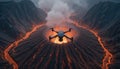 Drone Captures Stunning View of Active Volcano Surrounded by Flowing Lava During Twilight Royalty Free Stock Photo