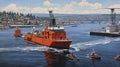 Drone captures tugboat guiding massive ship into bustling harbor, showcasing maritime activity.